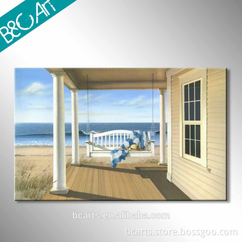 Modern wood house and white swing mediterranean seascape oil painting